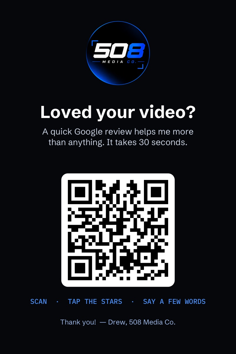 508 Media Co. review card with a QR code that opens the Google review form